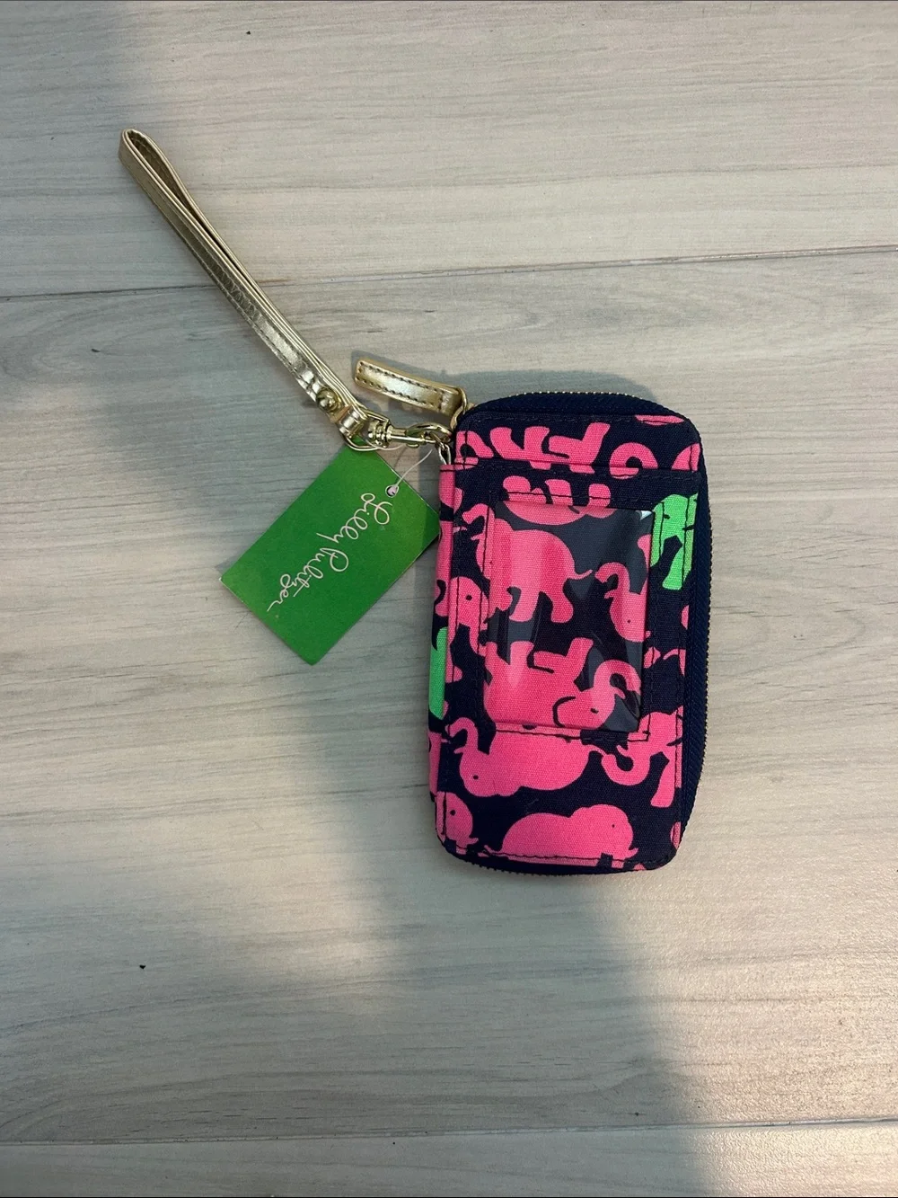 Vera Bradley Navy Wristlet Key Case with Pink & Green Elephants